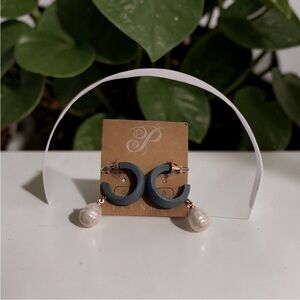 Plunder Pearl Drop Hoop Earrings with Matte Blue Hoops (NIP)